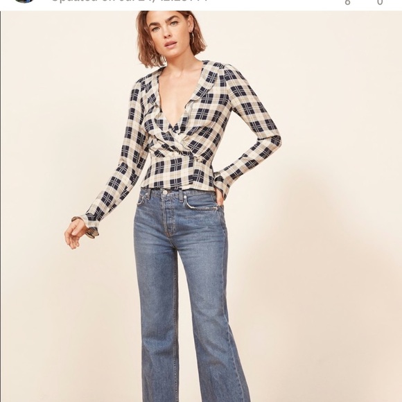 Reformation Lee Wrap Top In Navy Tartan Plaid Long Sleeve Ruffle Blouse - Picture 4 of 5